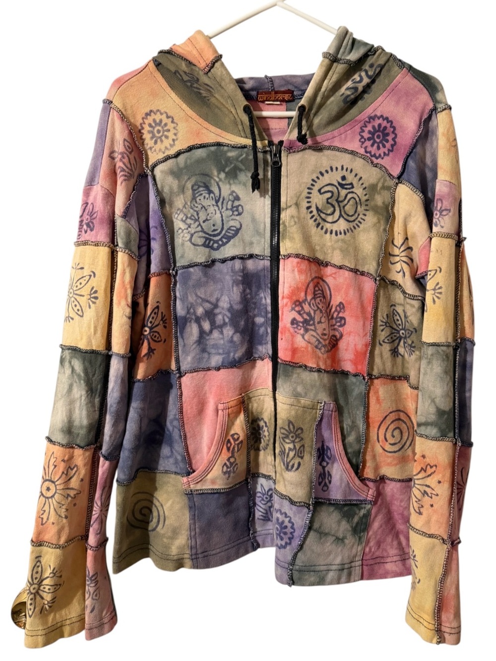 Windhorse Colorful patchwork sweatshirt Hoodie full zip XL boho hippie 90s Y2K
